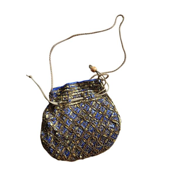 Potli Bag Purple Gold Drawstring Pouch Indian Bridal Party Embroidery Sequin - Picture 7 of 7